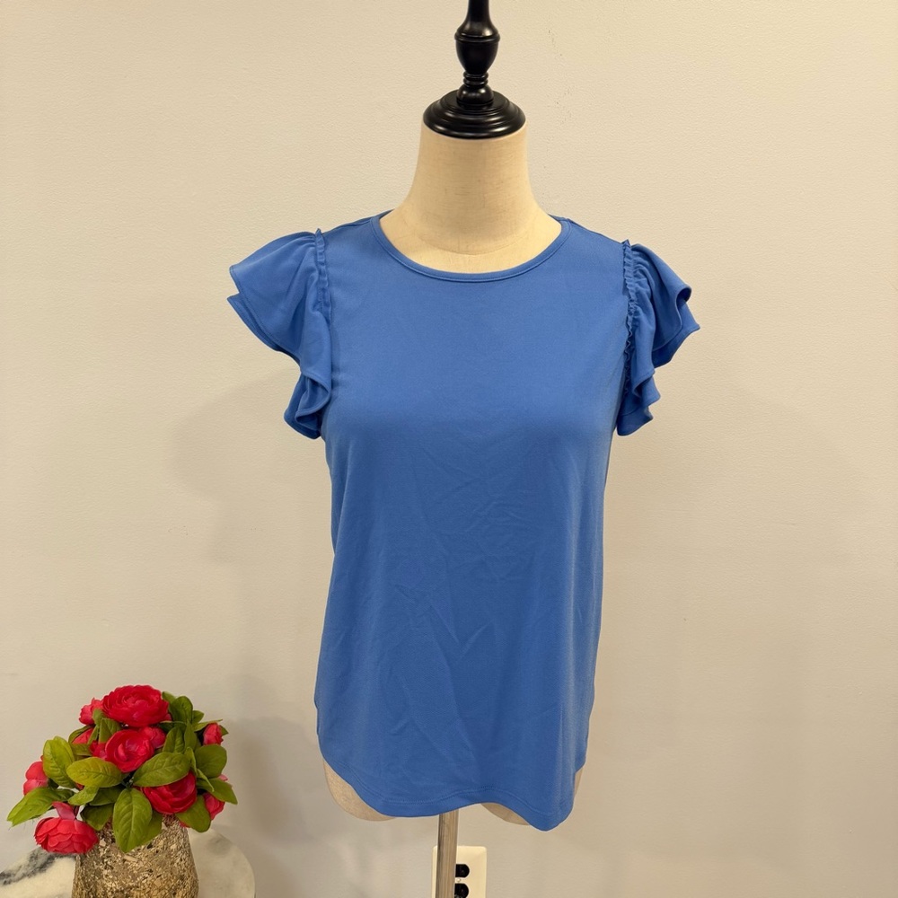 CeCe Blue Layered Ruffle Cap Sleeves Blouse Top Size Small - Reemoly